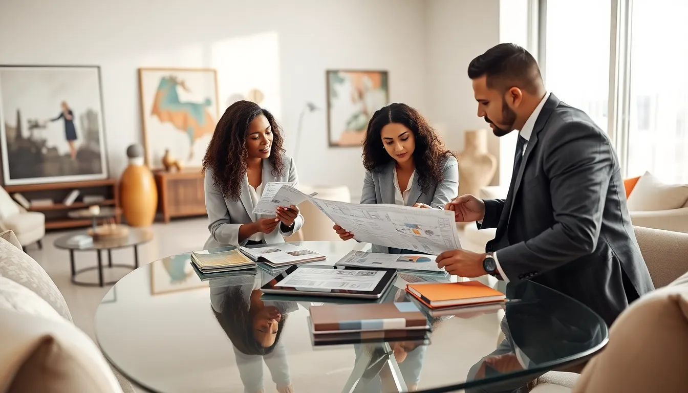 diverse team discussing interior design in a modern studio.
