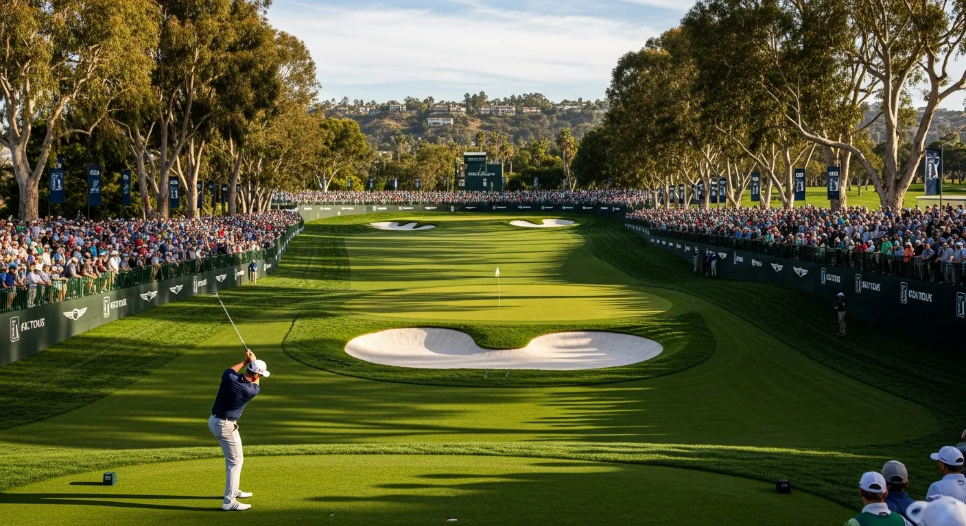 Golfer hitting an iron shot at Riviera Country Club during the Genesis Invitational.