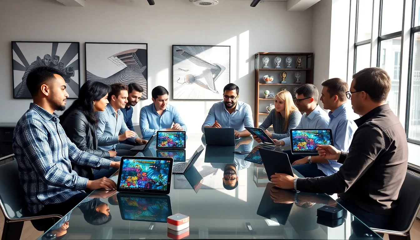 diverse team collaborating in a modern game development studio.
