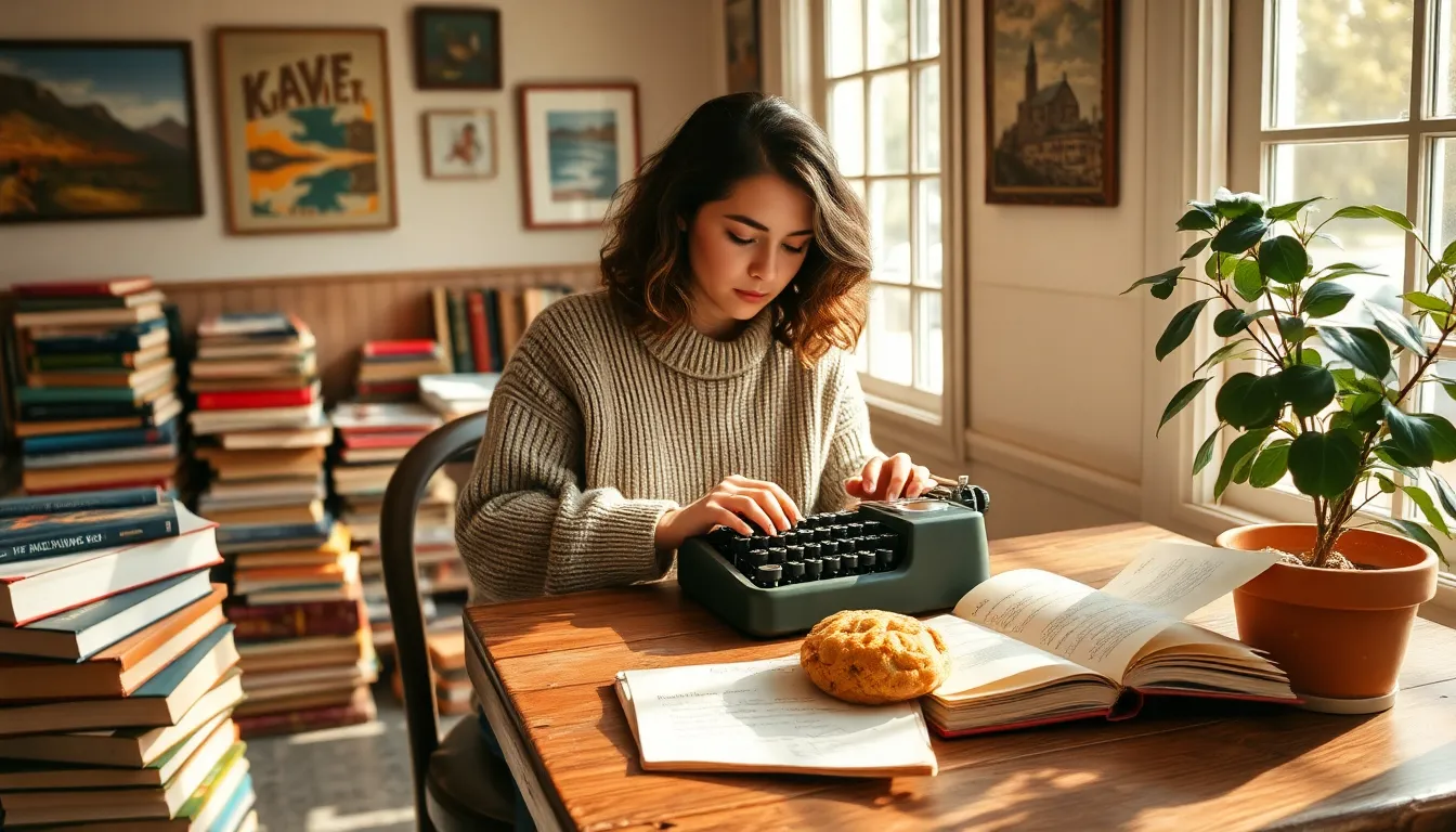 A young author writing in a café, surrounded by books and cookies.