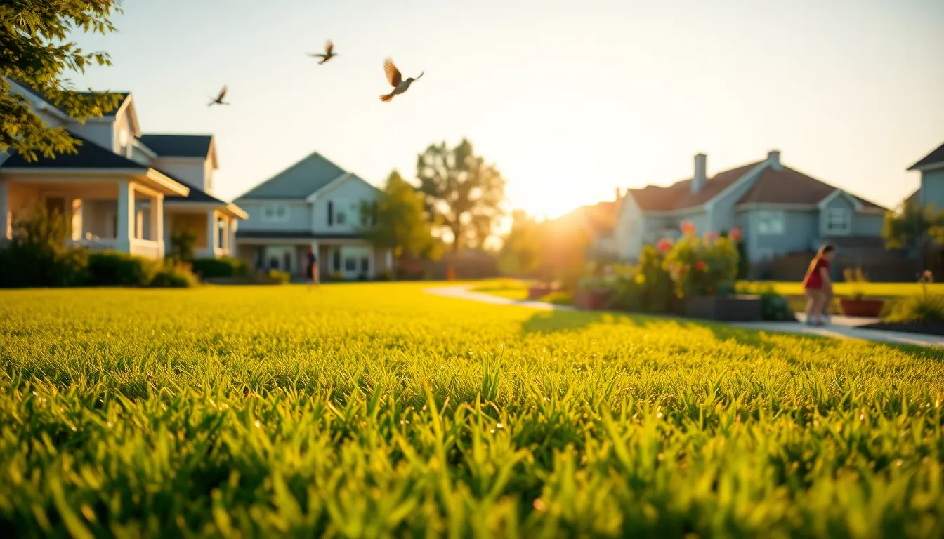 A peaceful summer morning scene with dew-kissed grass and vibrant nature.