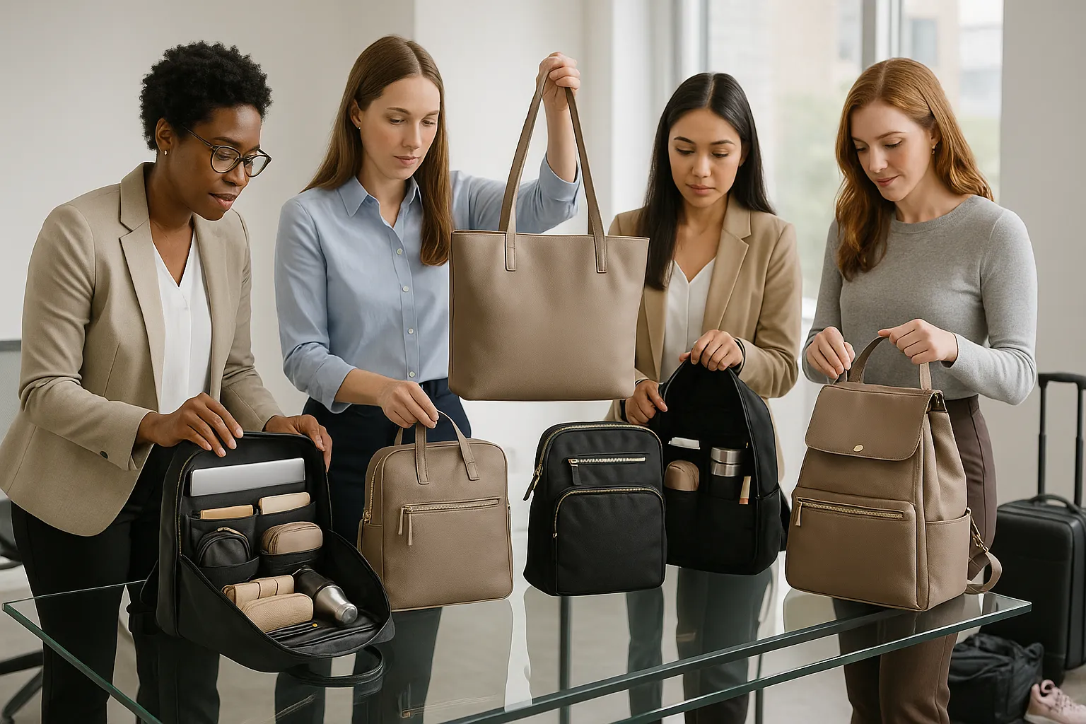 Professional women choosing work bags in a modern office setting.