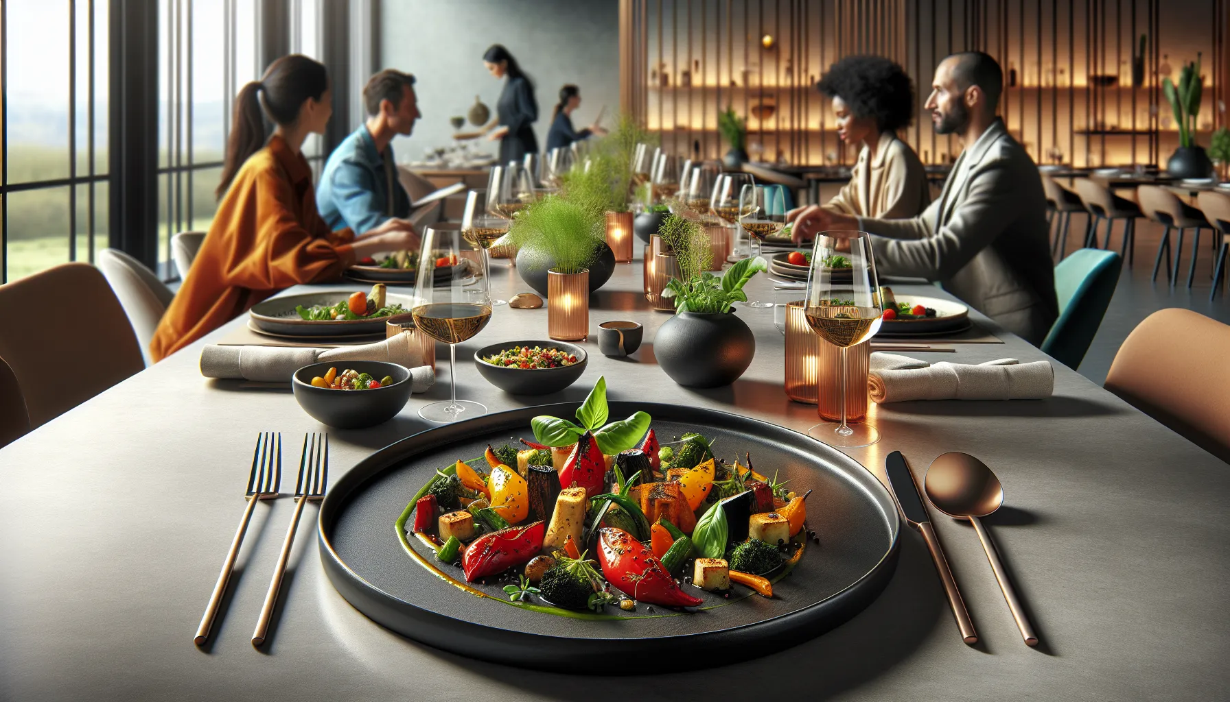 modern dining experience featuring doumneh with roasted vegetables.