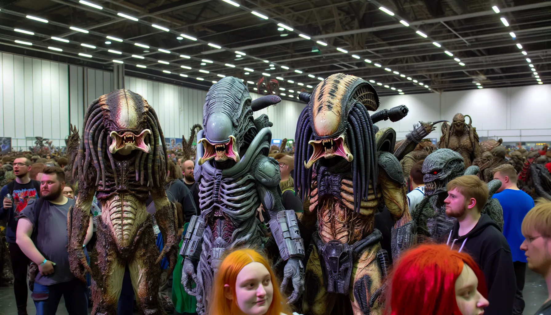 Enthusiasts in 'Alien' and 'Predator' costumes gather at a convention.