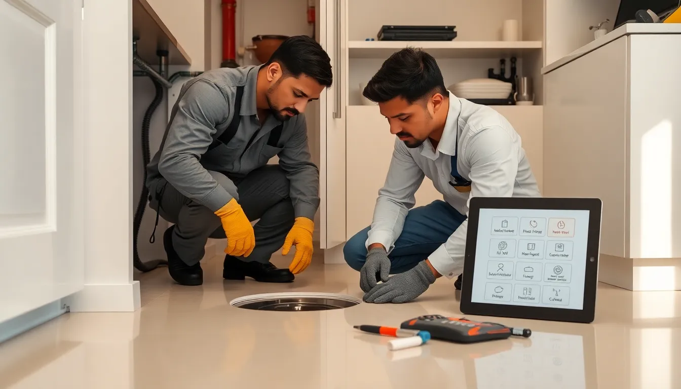 Plumber inspecting a home's drain system in a clean residential setting.