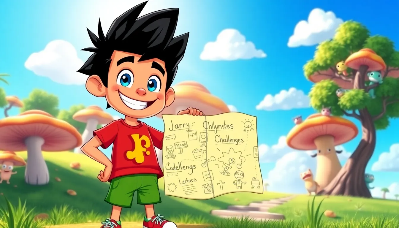 a cheerful cartoon character exploring a whimsical game world full of vibrant colors.