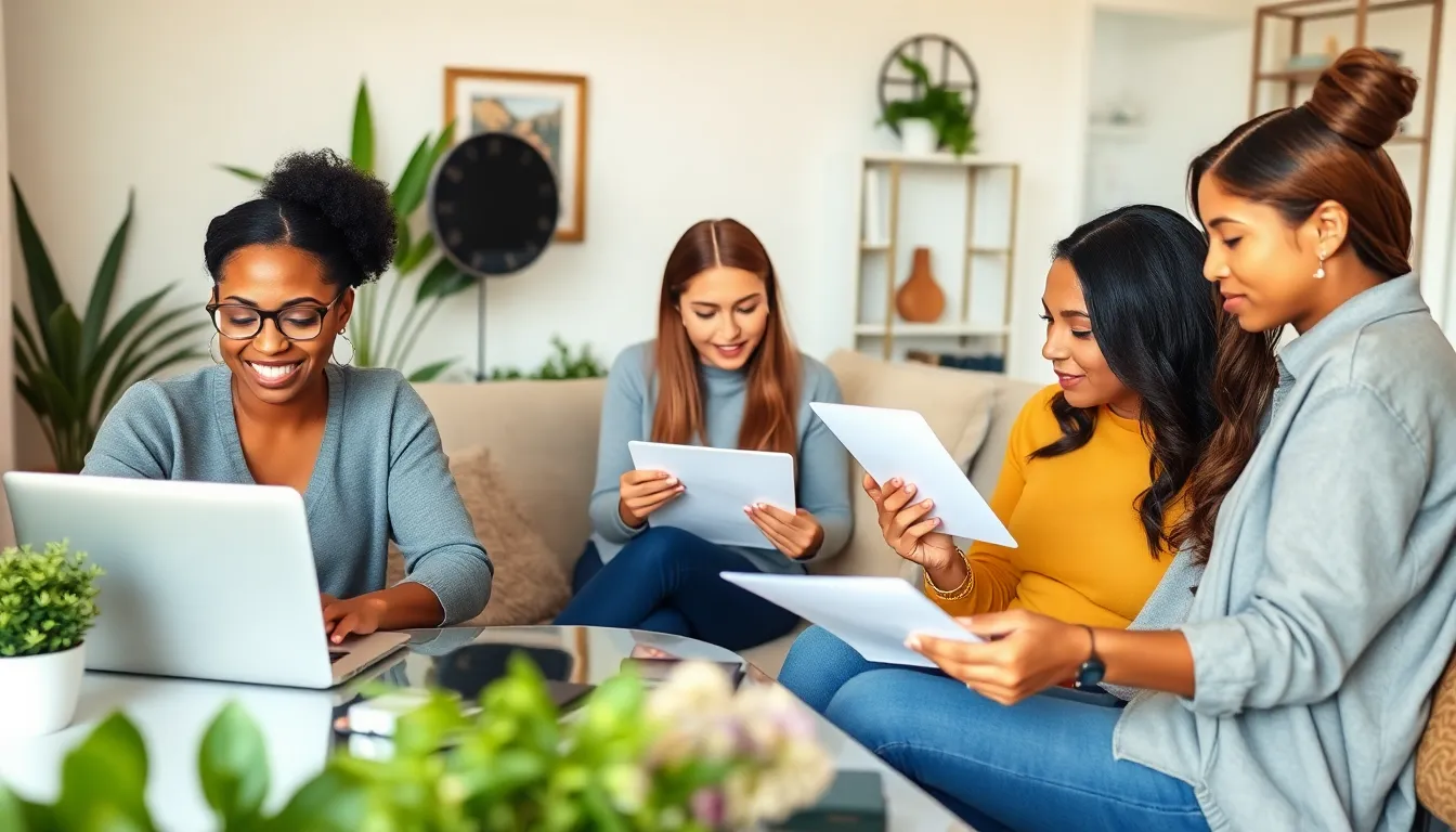 Diverse moms working in a cozy home office on their side hustles.