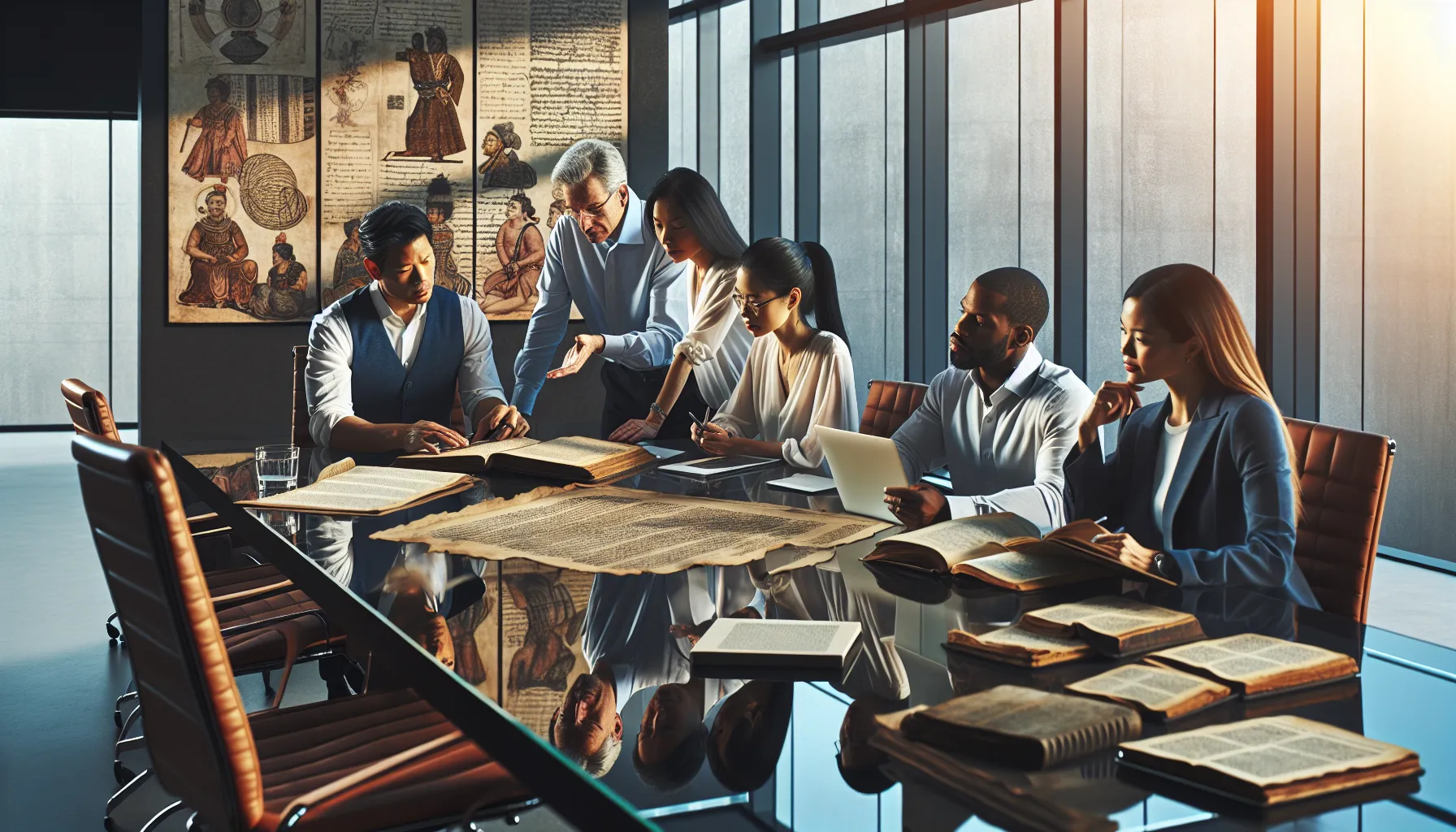 diverse professionals discussing historical concepts in a modern office.