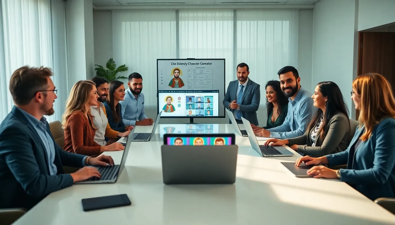 diverse team collaborating on game character design for ck2generator.com.
