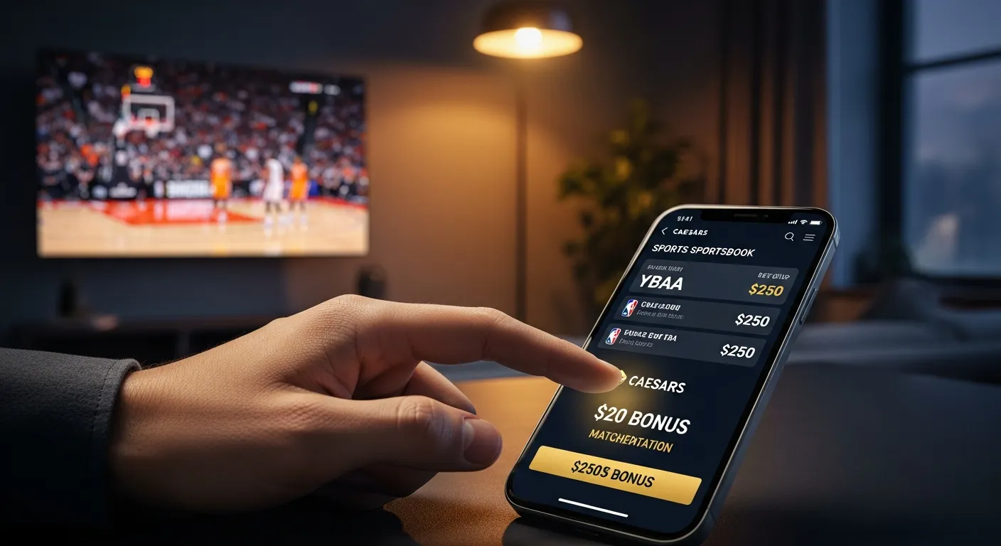 A man tapping a sports betting app on his phone showing a $250 bet match offer.
