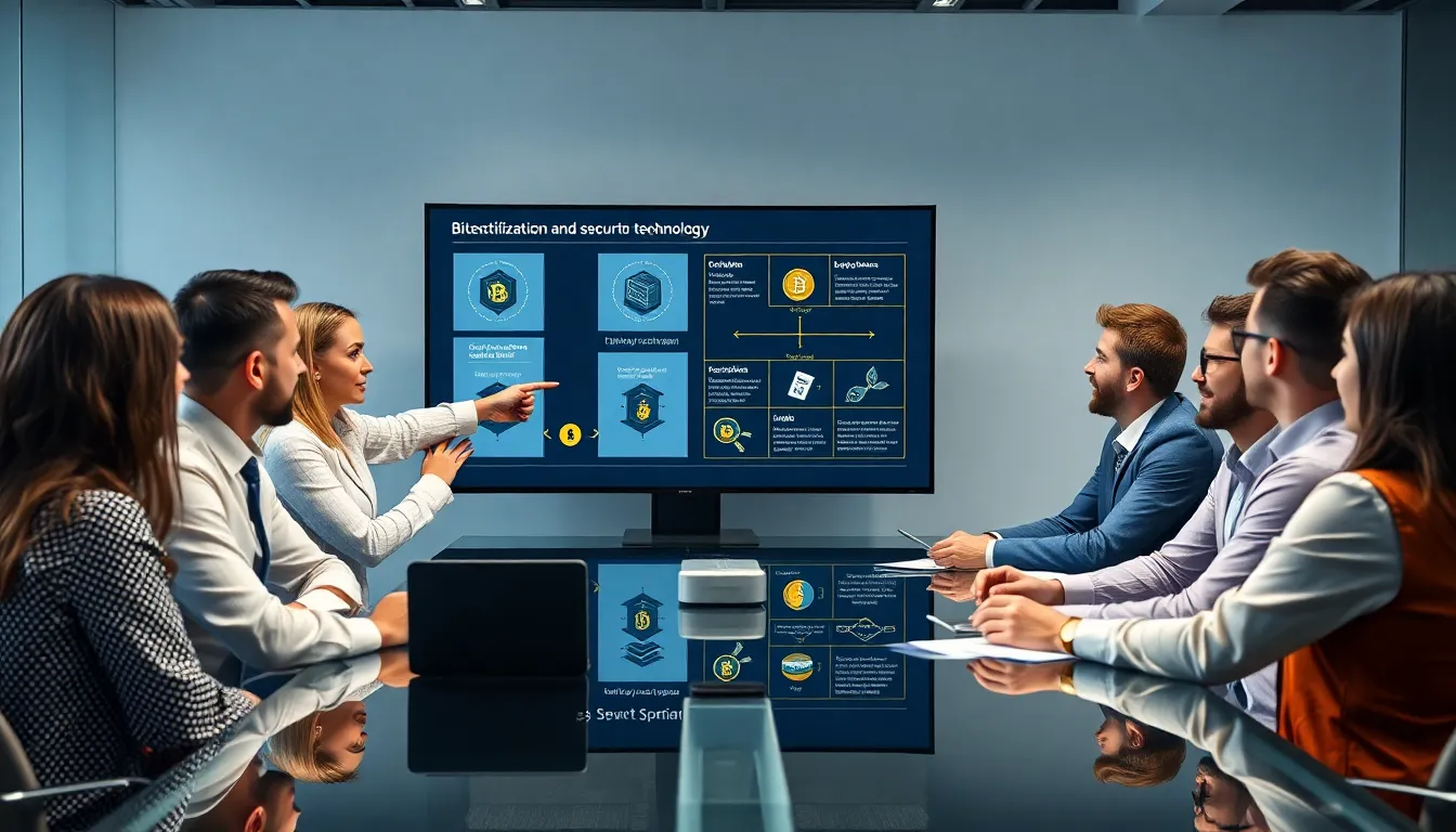 diverse team discussing blockchain technology in a modern office.