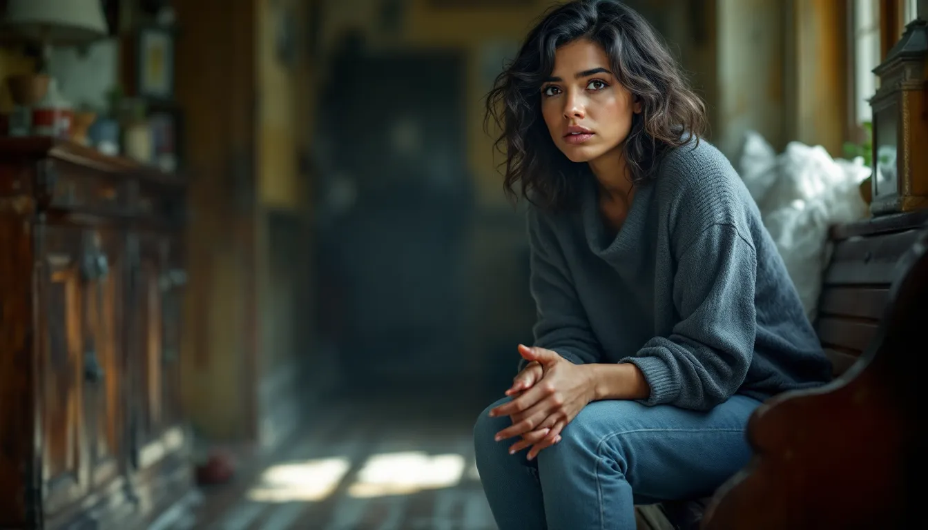 A contemplative woman sitting alone on a bench in a dimly lit hallway.