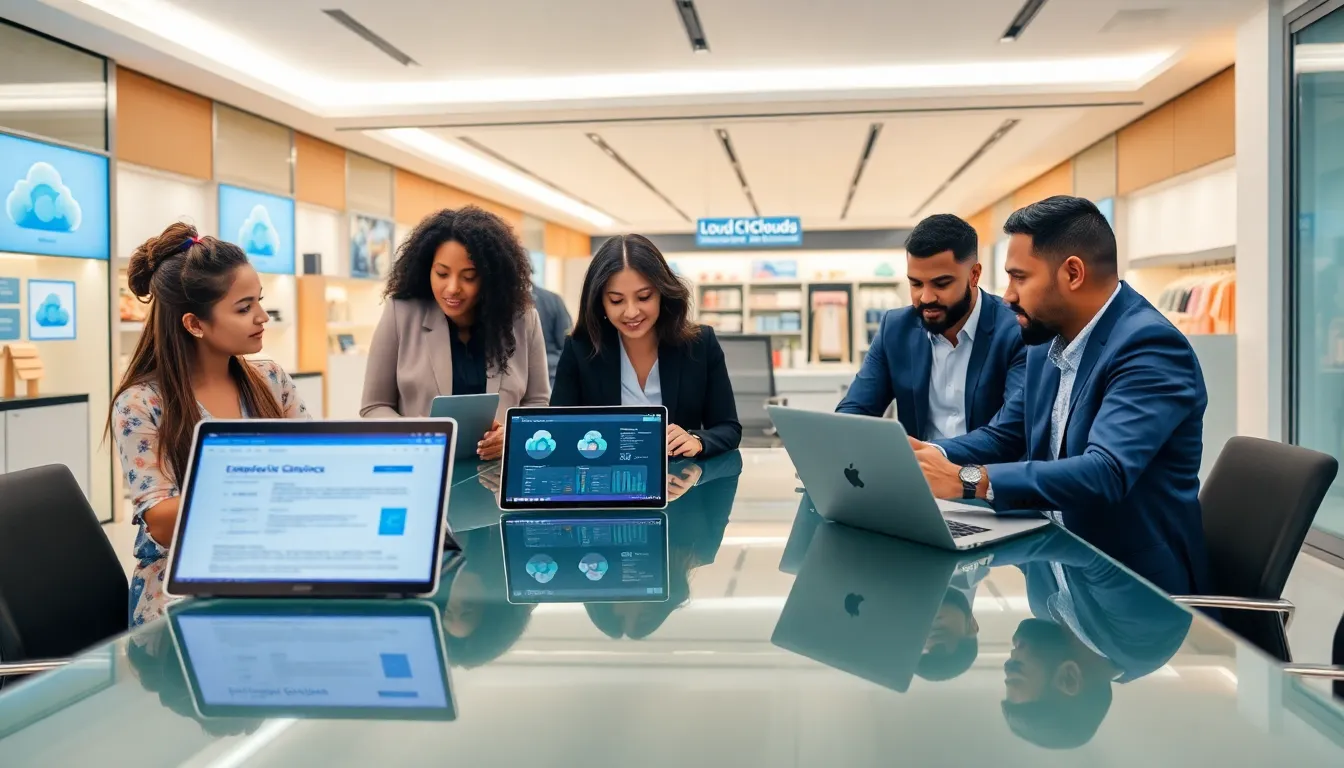 diverse professionals collaborating on cloud computing solutions in retail.