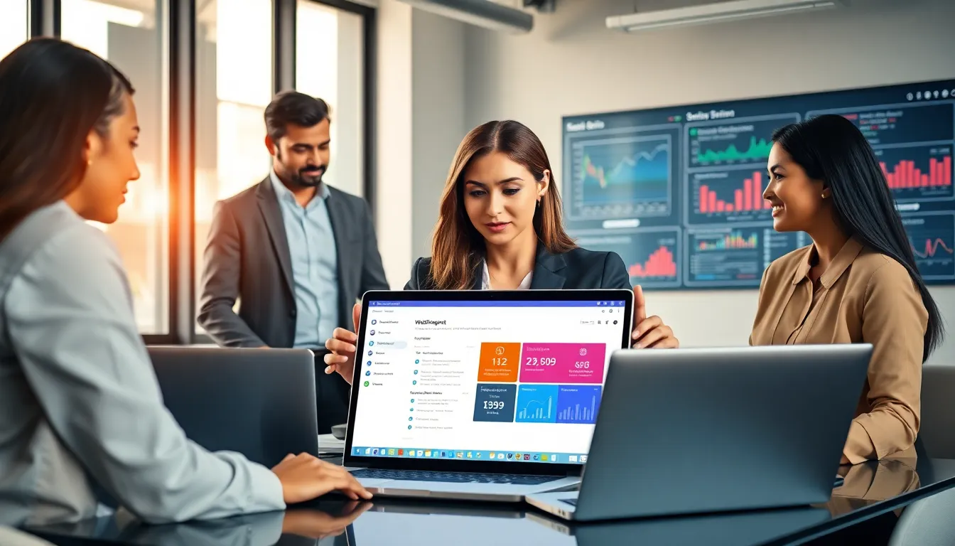 diverse team collaborating in a modern office using WebBizMagnet software.