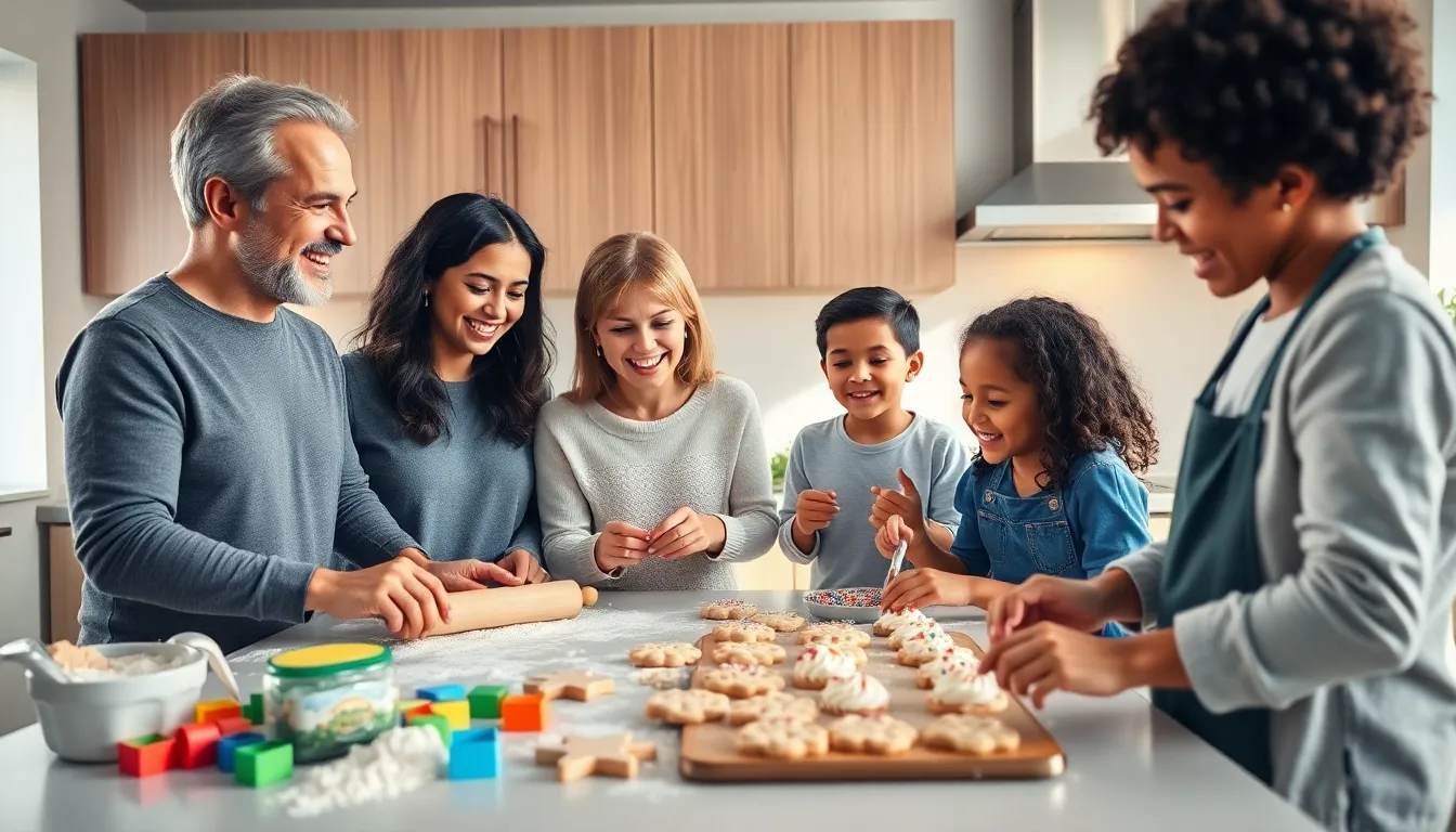 A diverse family baking cookies together in a cozy kitchen.