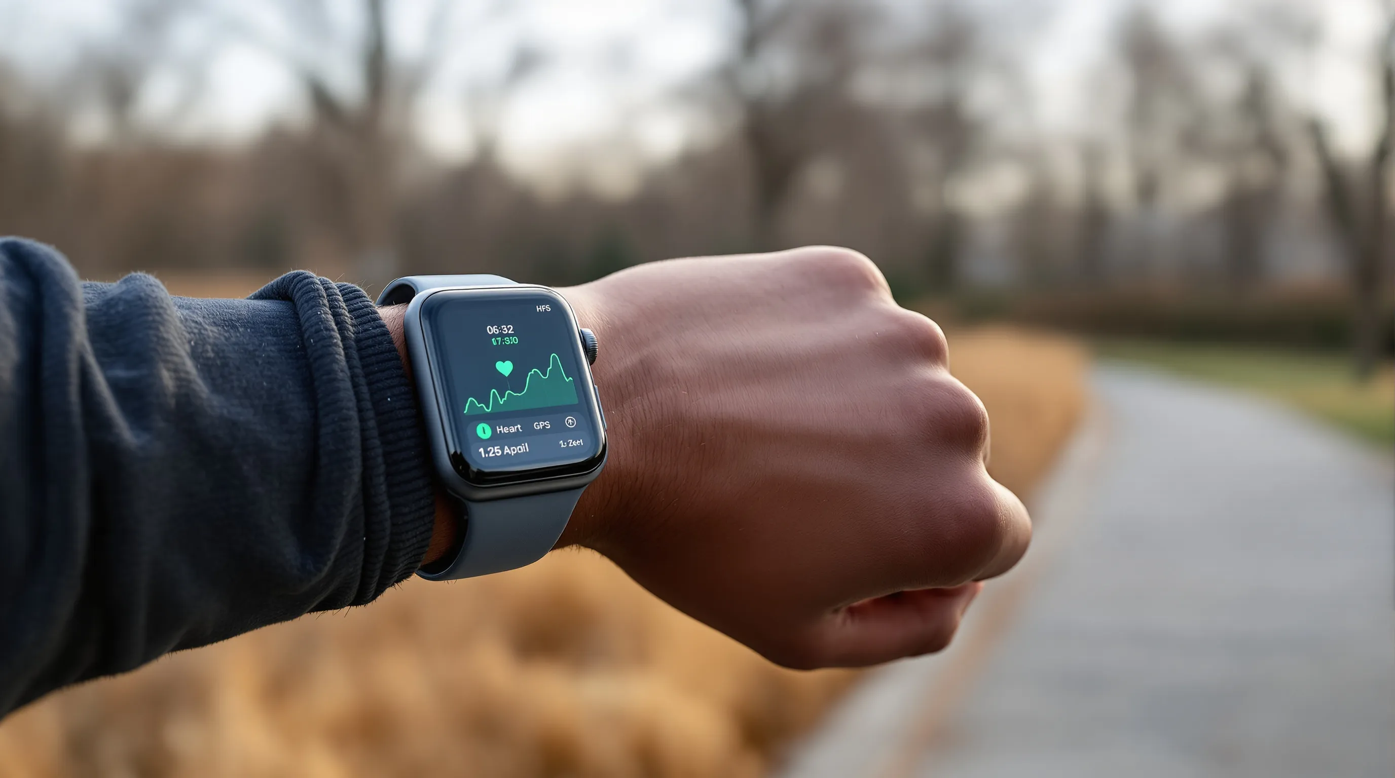 Close-up Apple Watch on runner’s wrist showing steady workout heart rate outdoors.