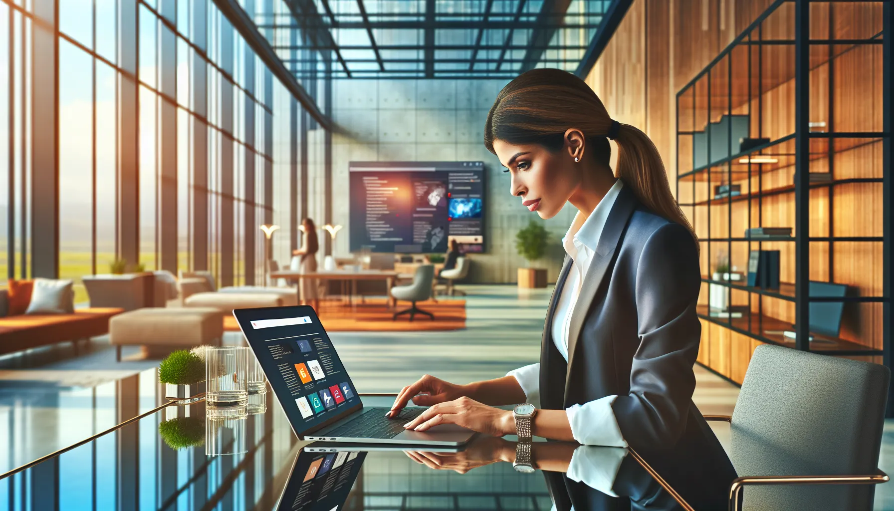 business professional researching information on a laptop in a modern office.