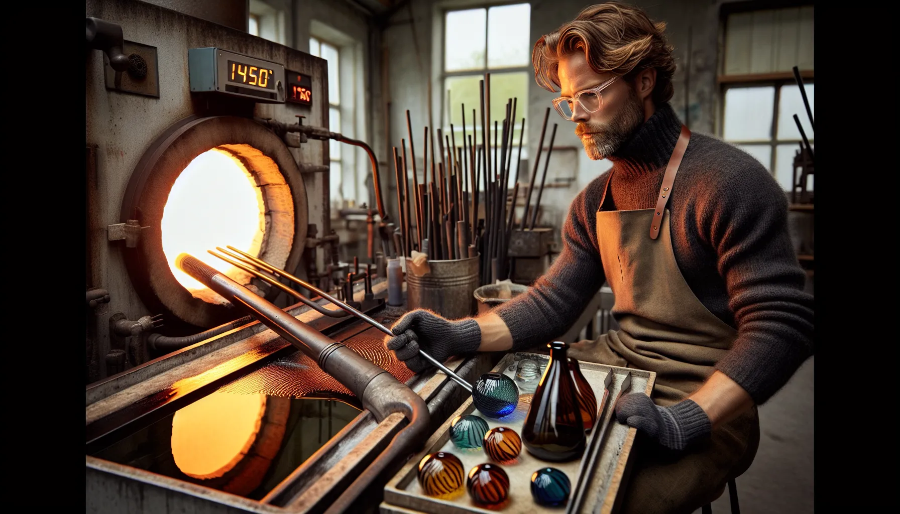 Norwegian glassblower shapes molten glass as digital controls glow in studio.