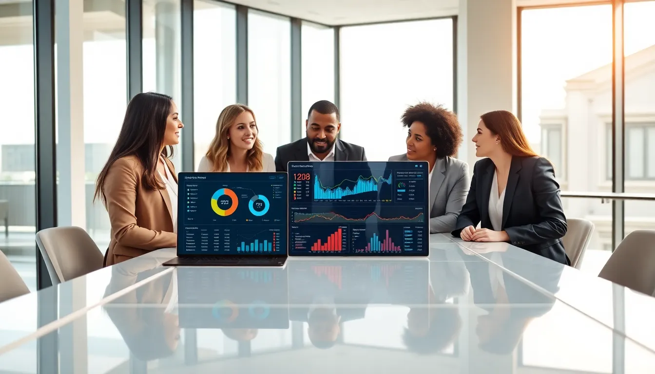 diverse team discussing data analytics in a modern office.