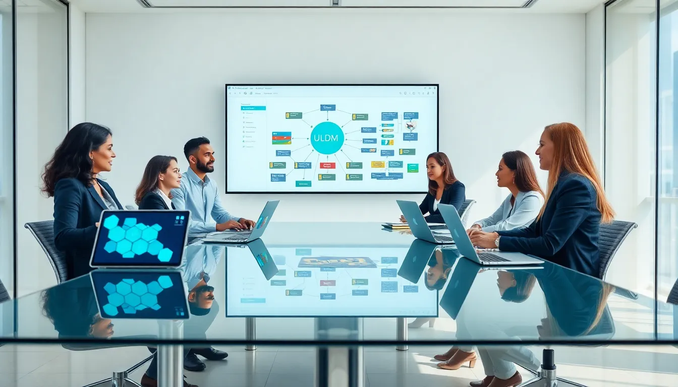 diverse team discussing Unified Logical Data Model in a modern conference room.