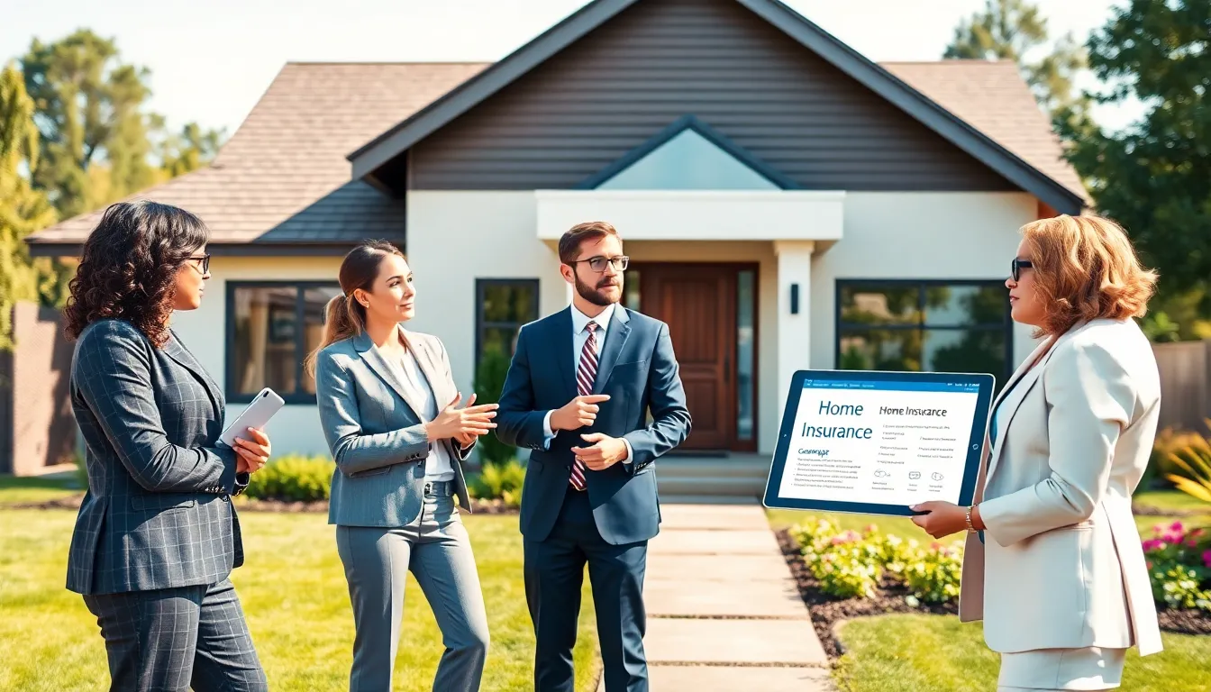 diverse professionals discussing home insurance outside a modern home.