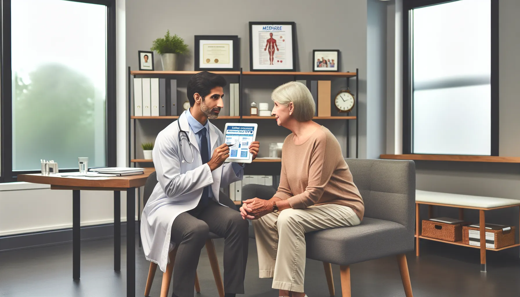 A doctor explains Medicare PPO plan features to an elderly patient in an office.