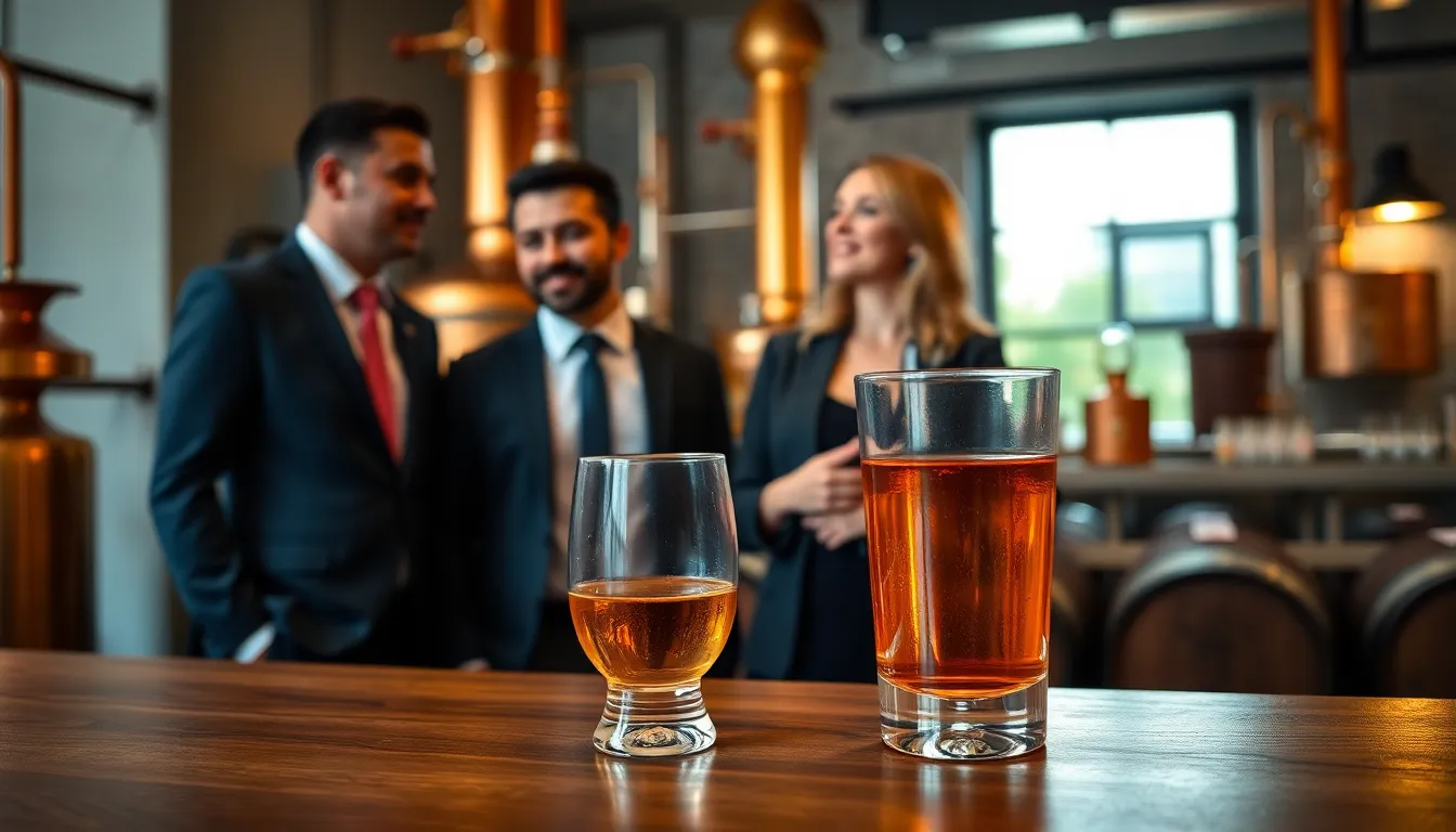 A glass of ammyscotch on a bar with a distillery backdrop.