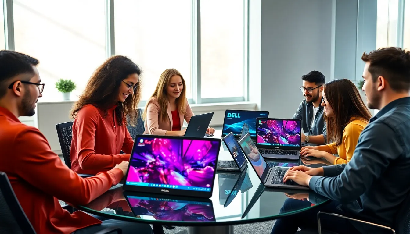 diverse team collaborating with Dell laptops in a modern office setting.