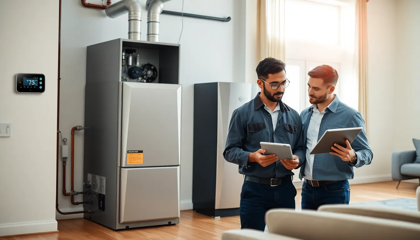 technician inspecting a furnace system in a modern home.