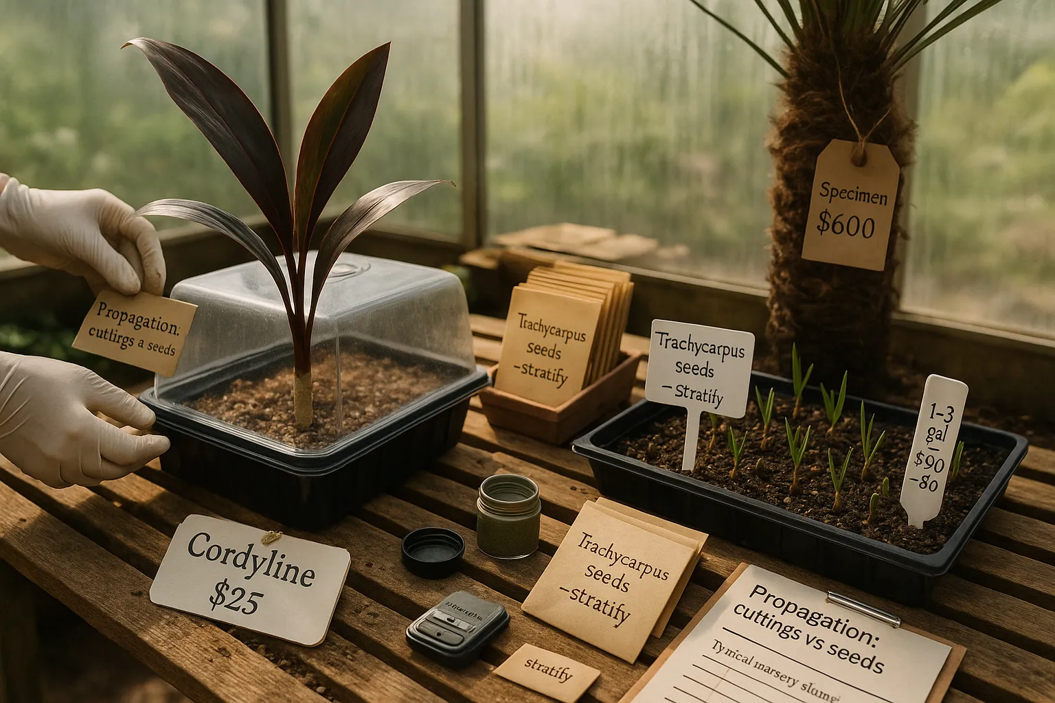 Cordyline cutting and Trachycarpus seedlings on a nursery bench with price tags.