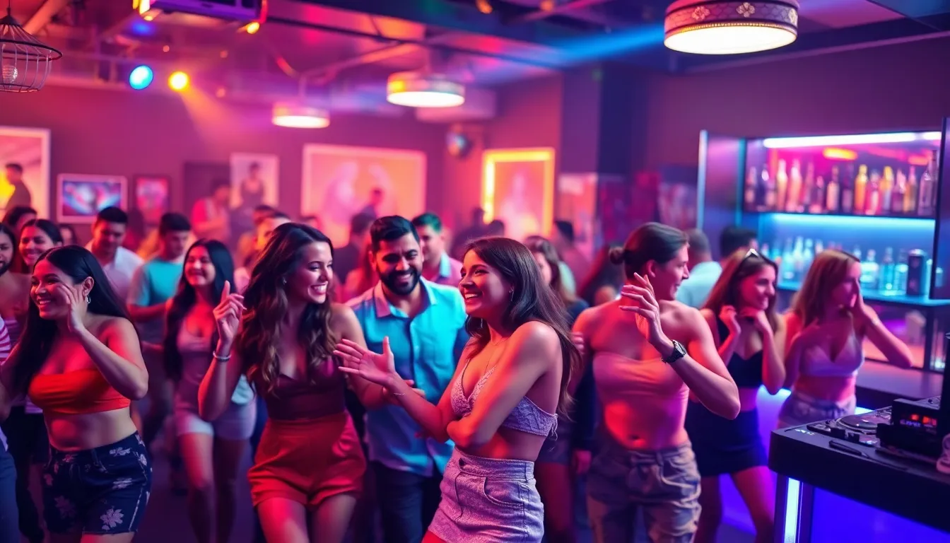 diverse people dancing in a lively club atmosphere.