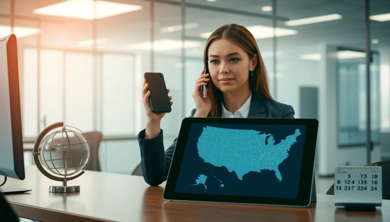 Businesswoman discussing communication linked to area codes.