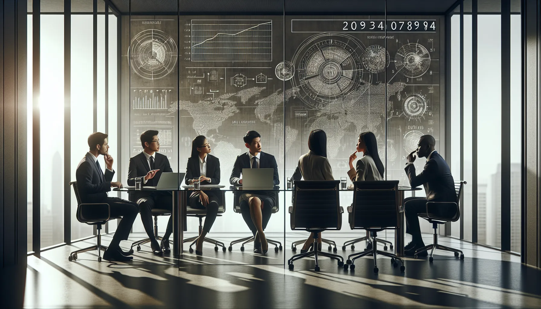 diverse professionals discussing data in a modern office setting.