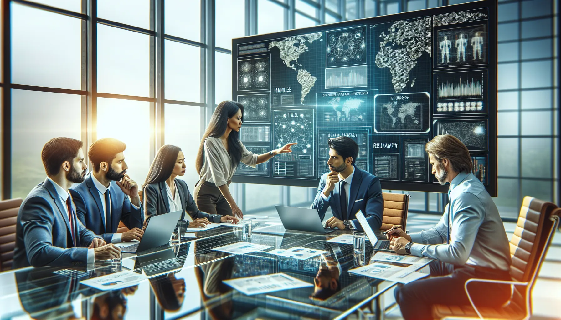 diverse team discussing telecommunications specifications in a modern office.