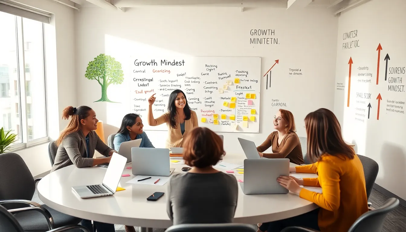 diverse team brainstorming about growth mindset statements in a modern office.