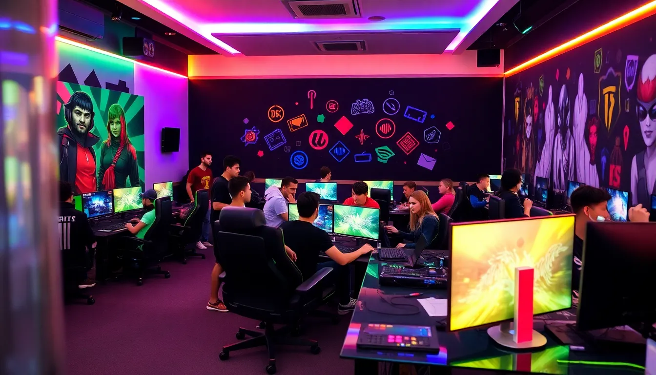 diverse gamers engaging in a modern gaming lounge.