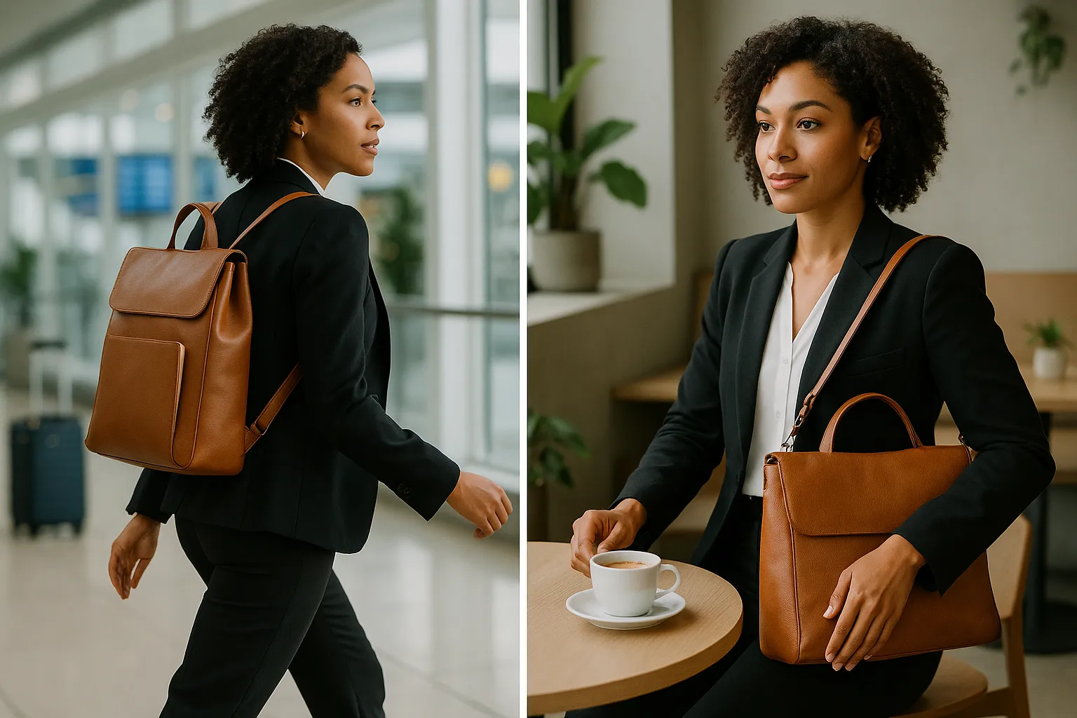 Professional woman with a convertible leather backpack purse in a modern airport lounge.