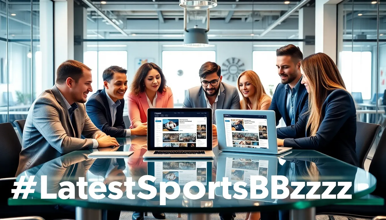 diverse team discussing sports updates in a modern office.