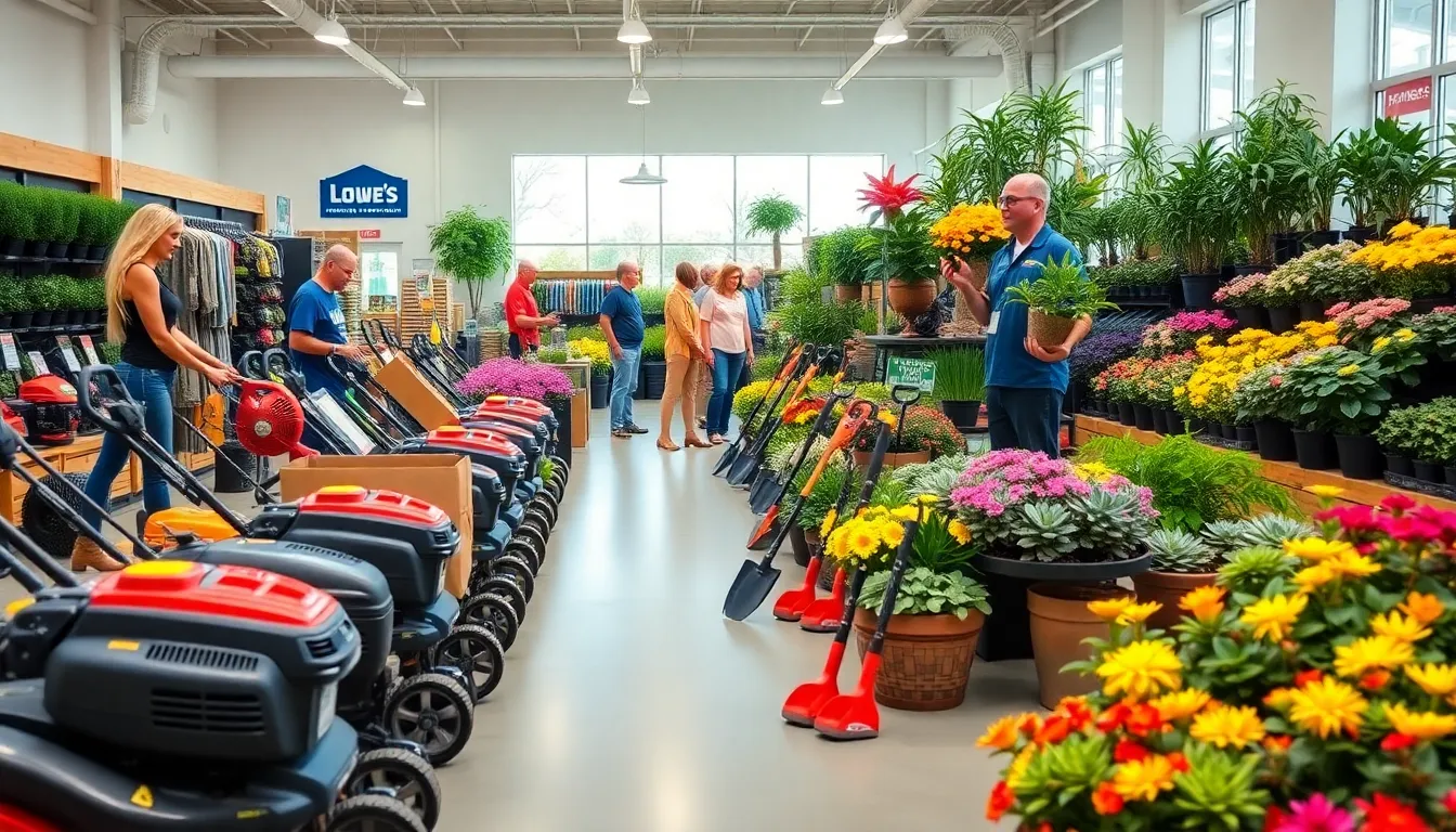 Lowe's garden center with outdoor equipment and vibrant plants.
