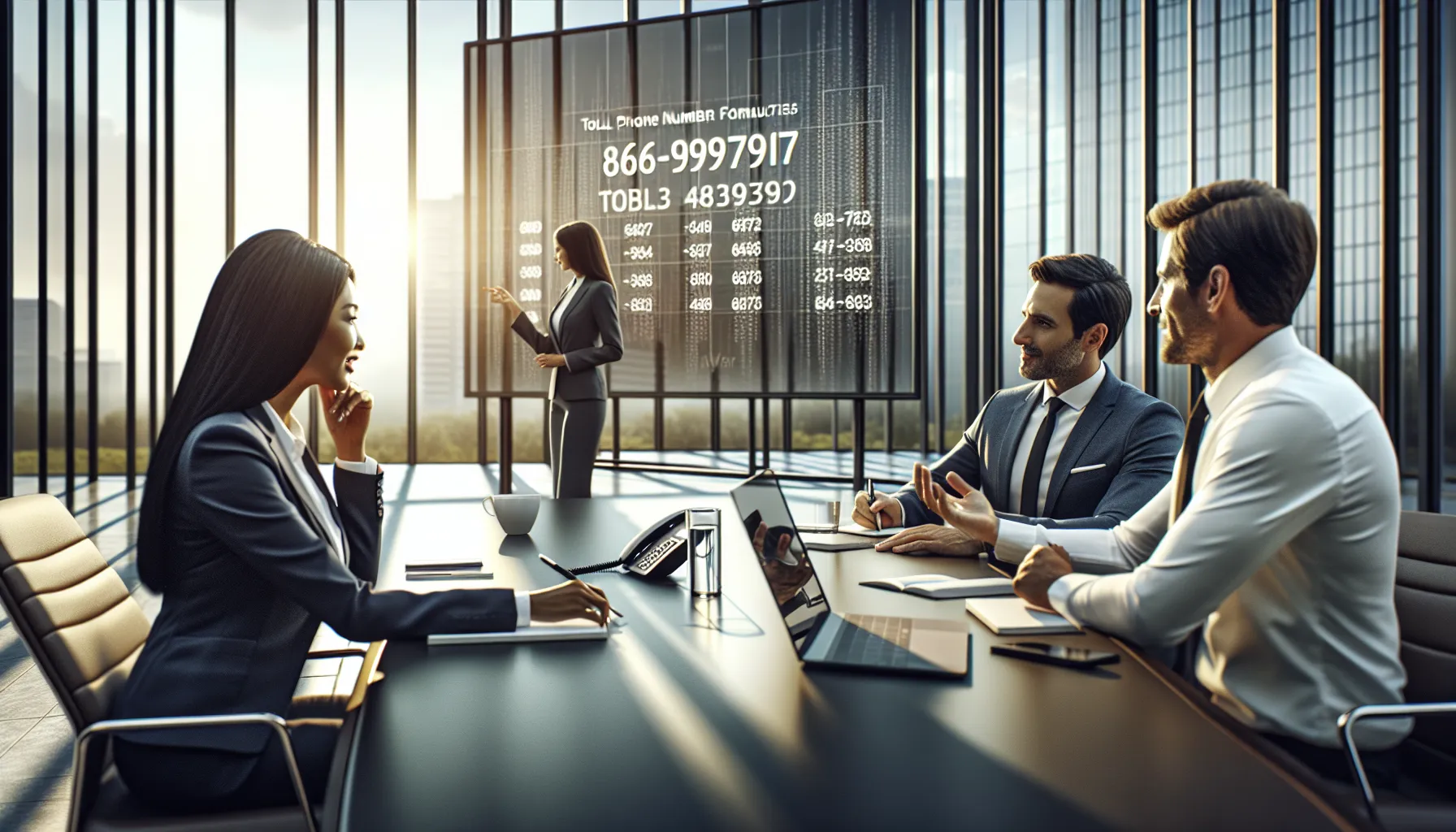 professionals discussing toll-free phone numbers in a modern office.