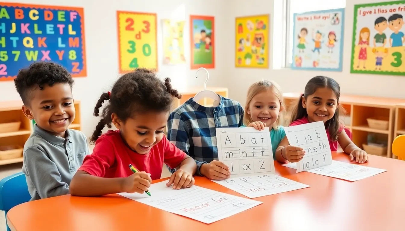 young children engaged in writing activities in a colorful preschool classroom.