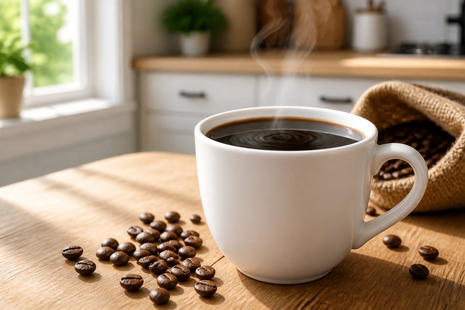 a steaming cup of black coffee with roasted beans on a wooden table