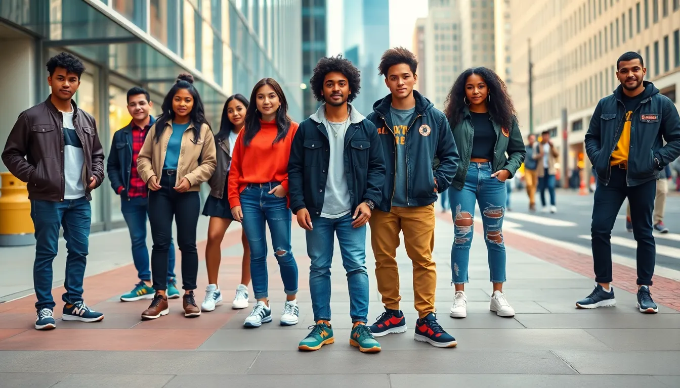 group of young adults showcasing trendy sneakers in an urban setting.