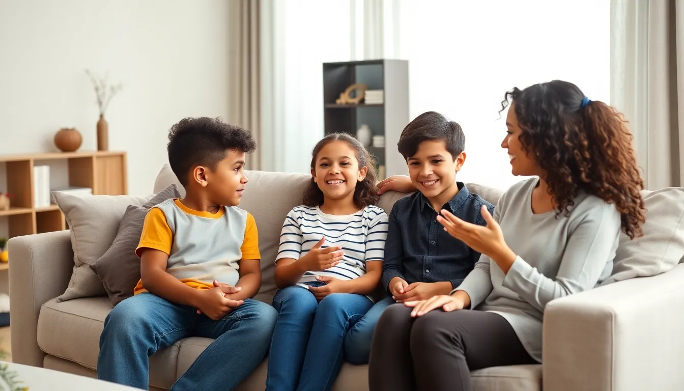 family engaging in positive communication in a modern living room.