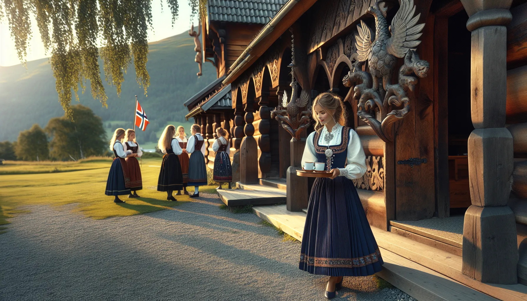 Woman in bunad serving coffee outside a norwegian stave church.