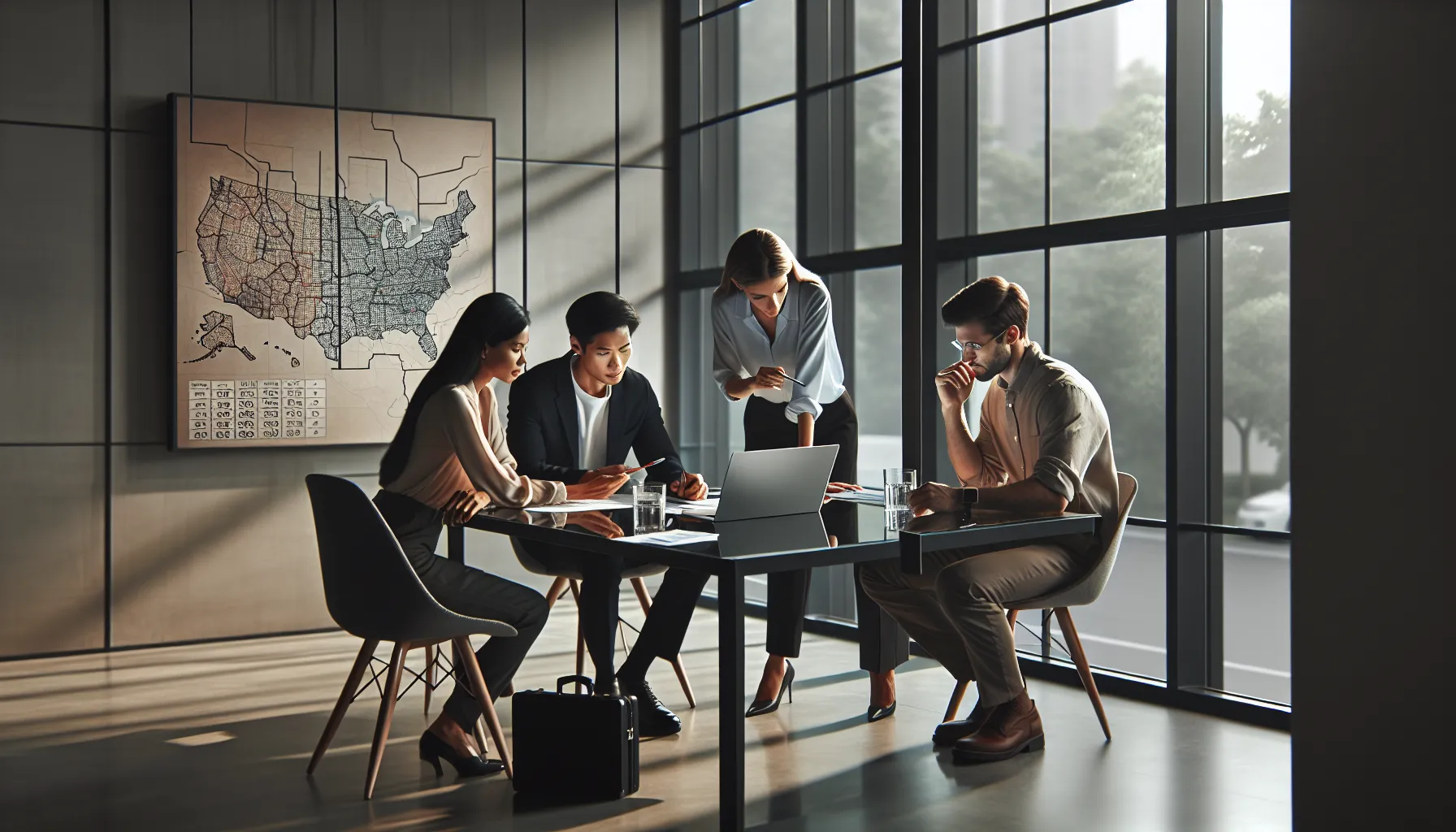 diverse team discussing area codes in a modern office.