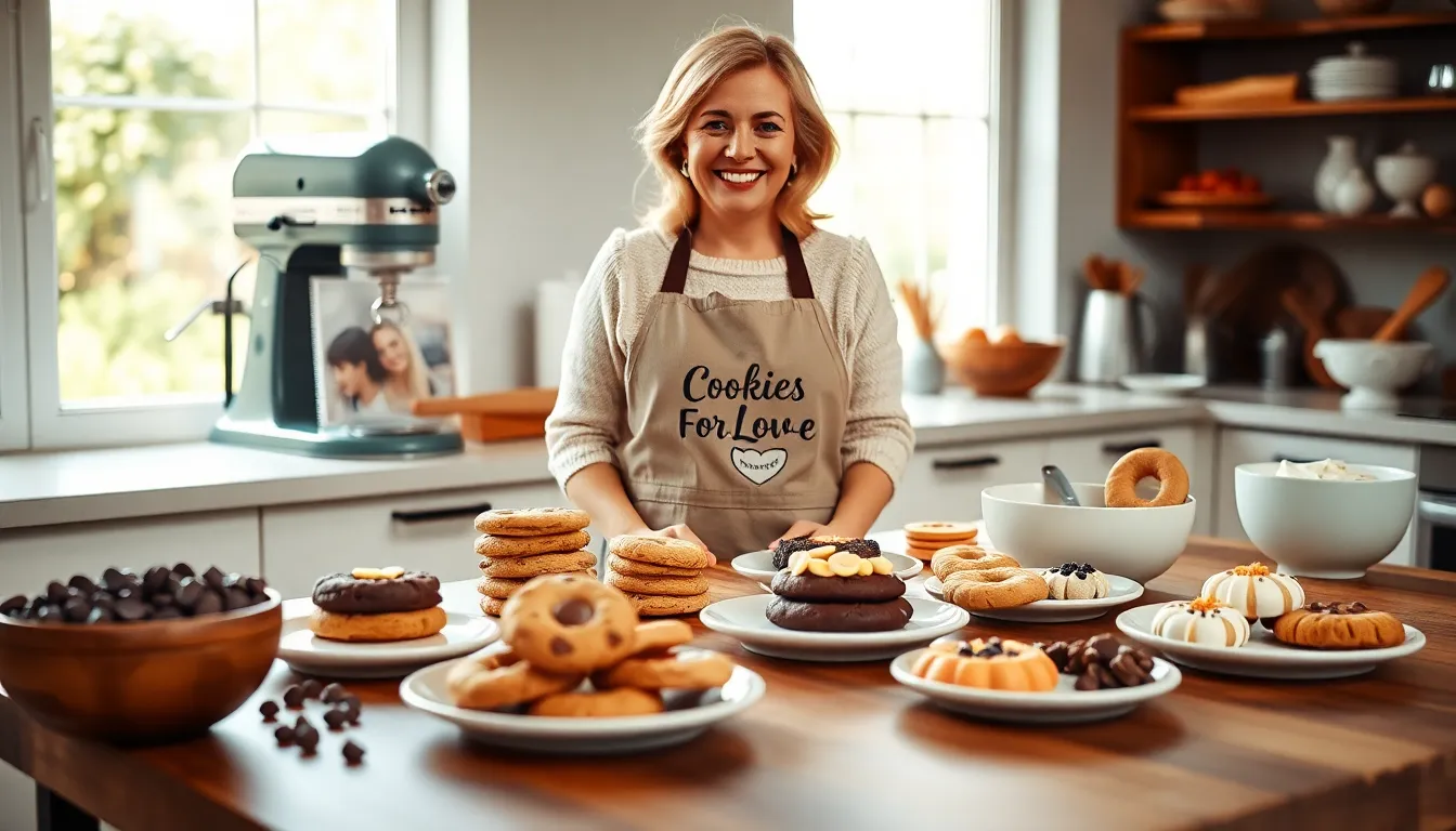 Mary in a bright kitchen with gourmet cookies and baking tools.