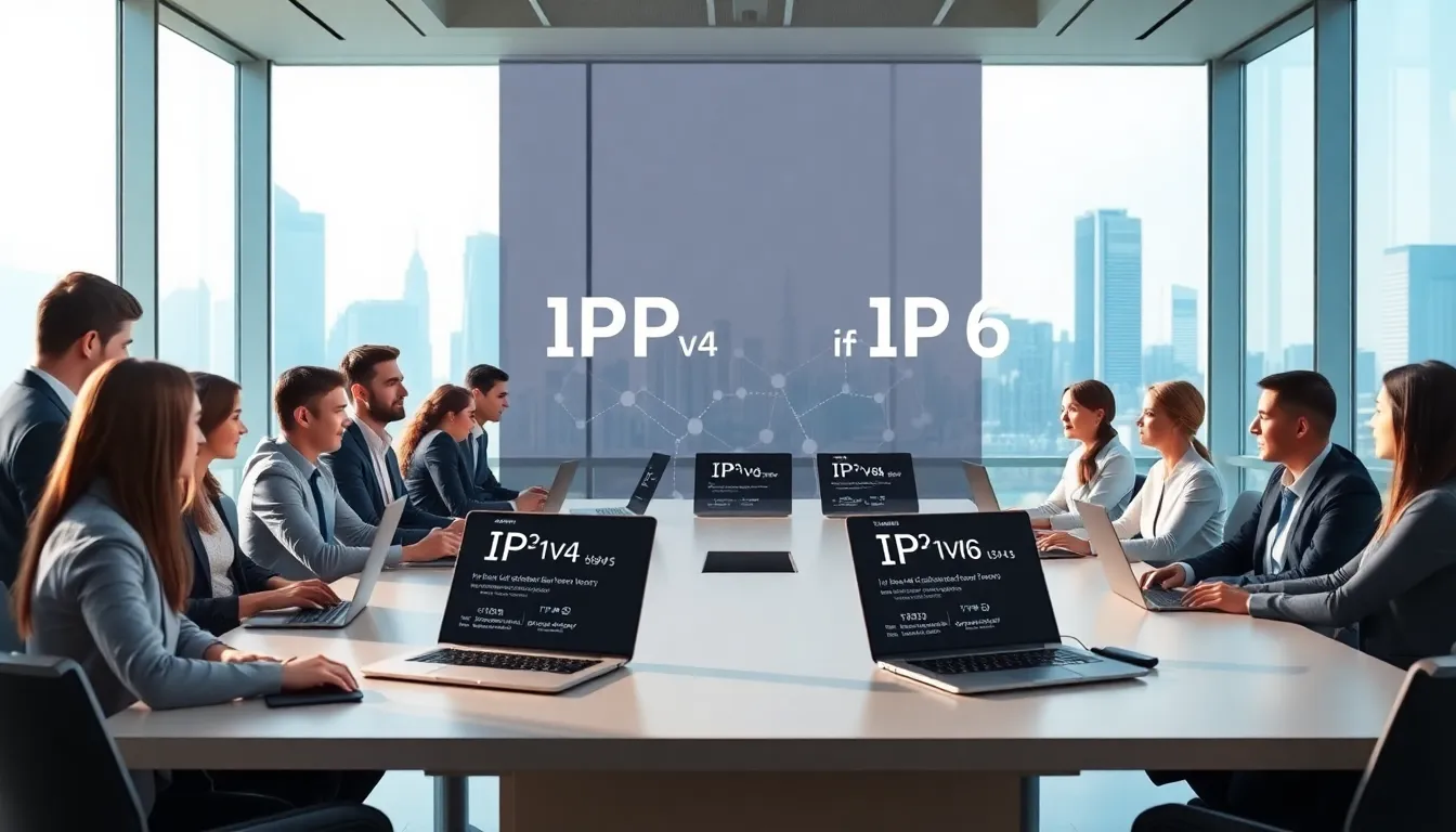 professionals discussing IP addresses in a modern office setting.