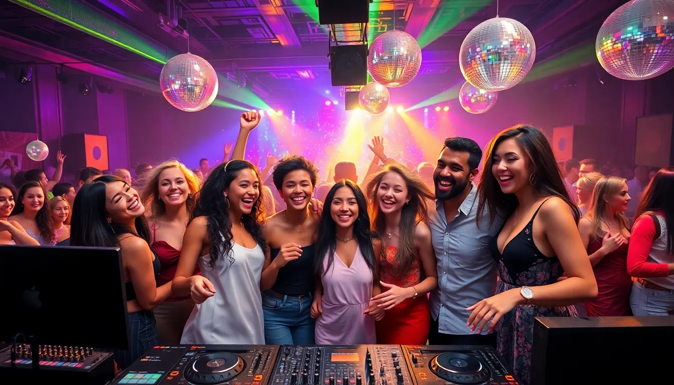 vibrant dance party with diverse friends enjoying 2022 music hits.