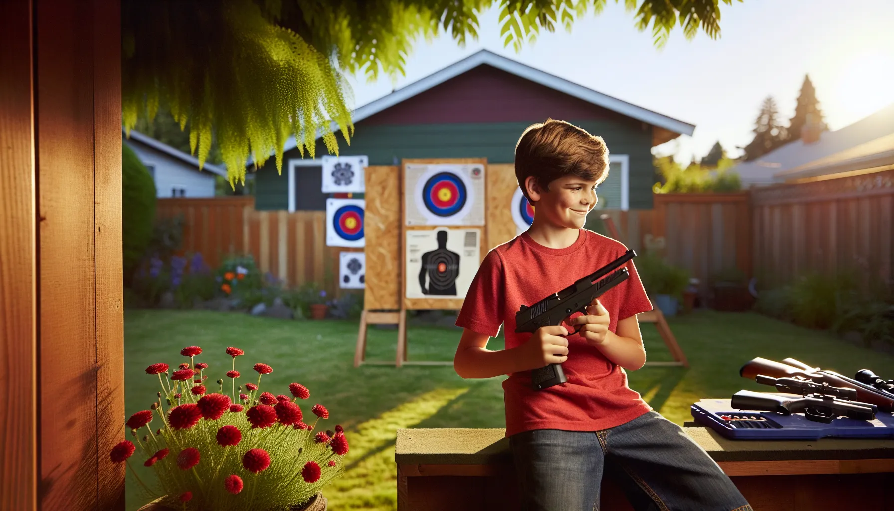 a boy holding a BB gun while a teen examines a pellet gun in a backyard.